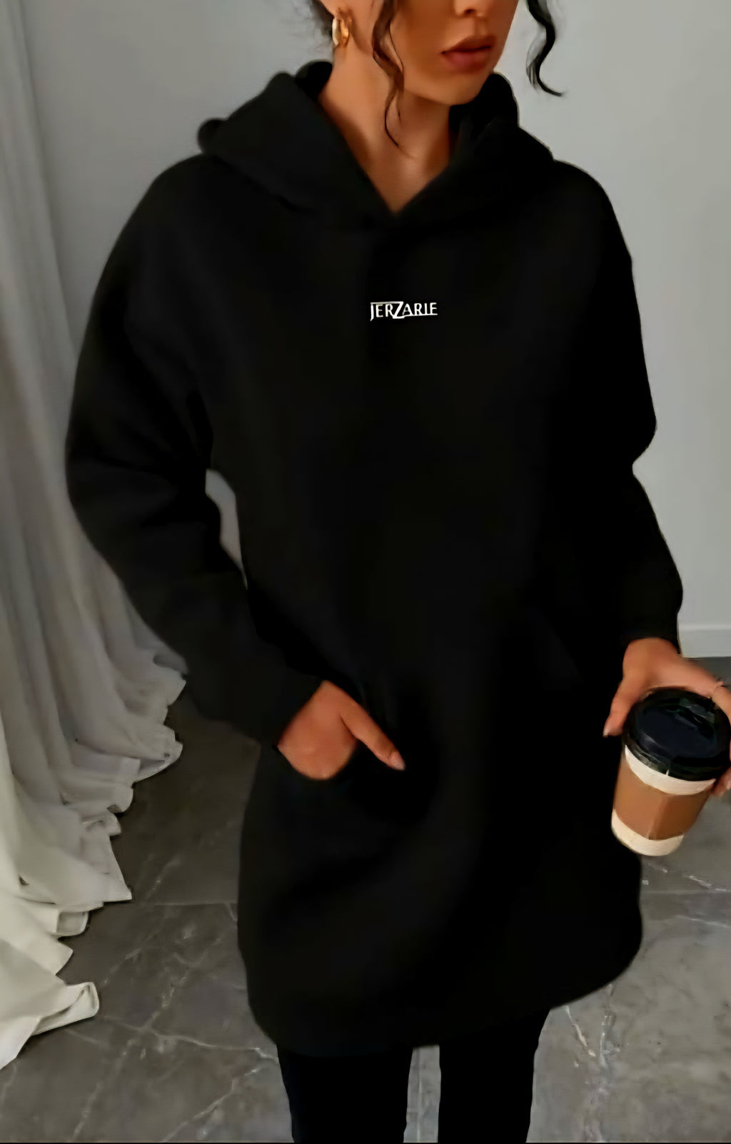 JerZarie Women's hoodie dress in Black with white classic logo