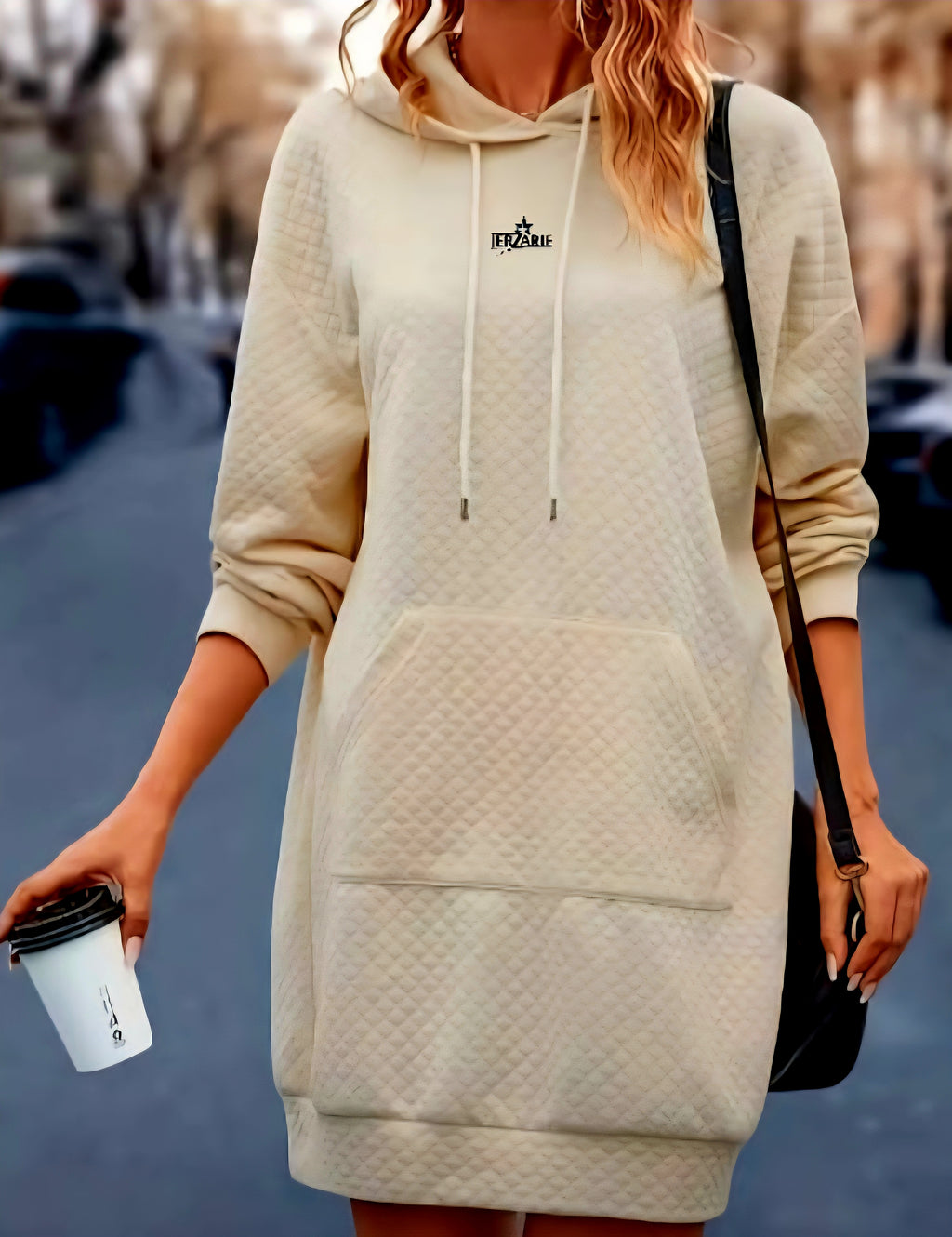 JerZarie Women's patterned hoodie dress in Beige(Apricot) with black starred logo