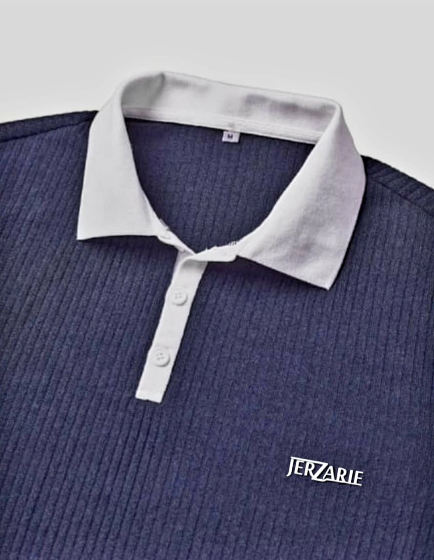 JerZarie Men's long sleeve Polo Shirt in navy blue with white classic logo