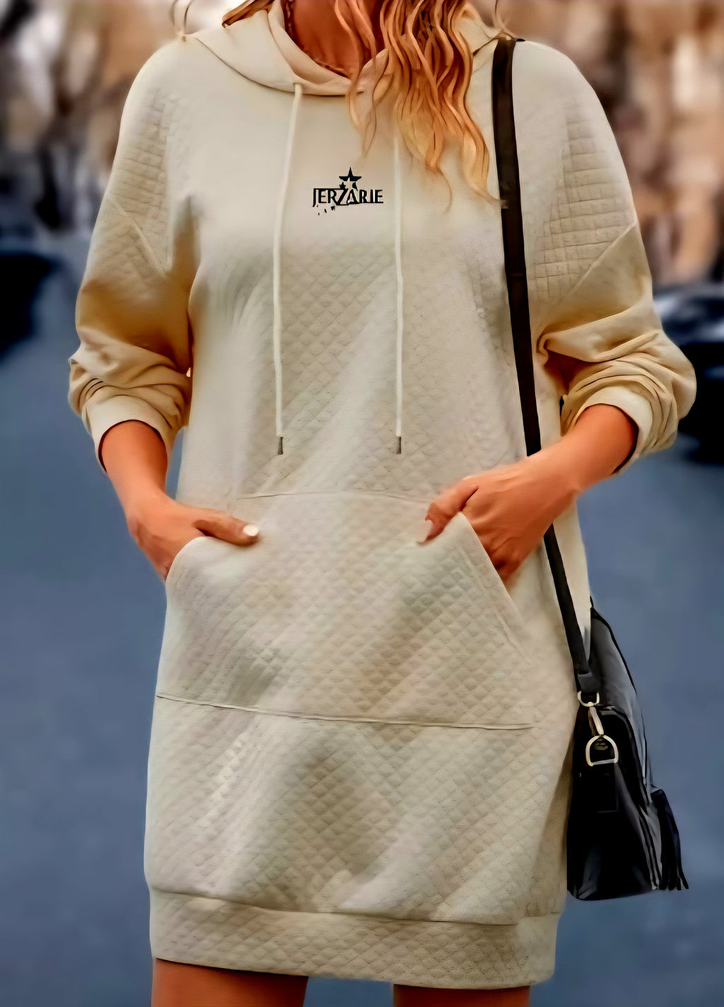 JerZarie Women's patterned hoodie dress in Beige(Apricot) with black starred logo