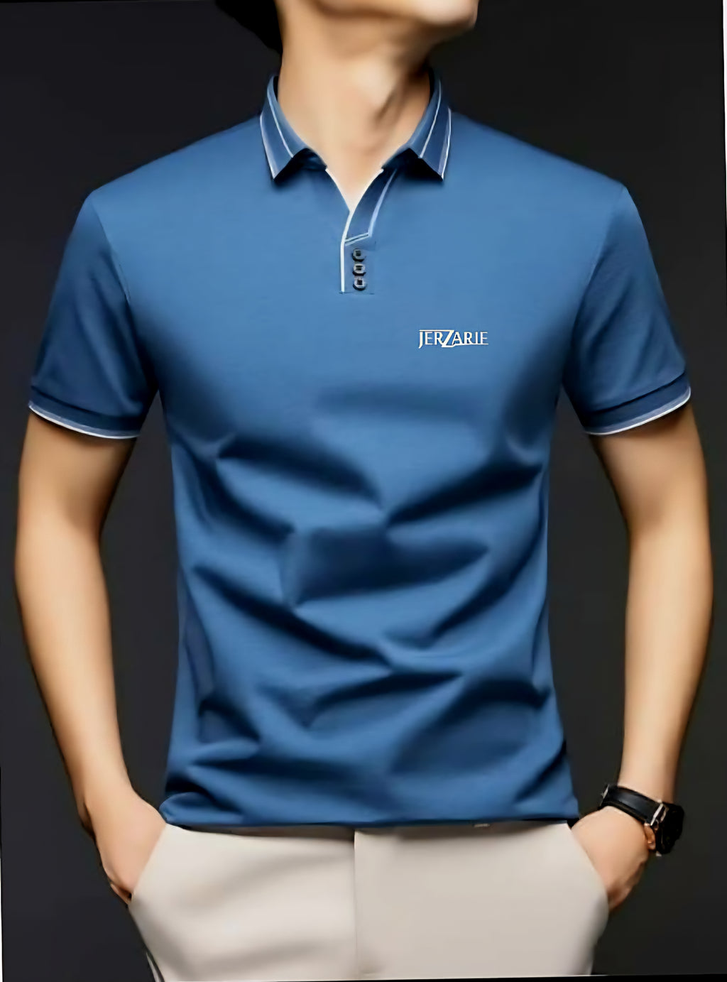 JerZarie Men's (breathable) stylish button front regular fit Polo Shirt in grey blue with white classic logo