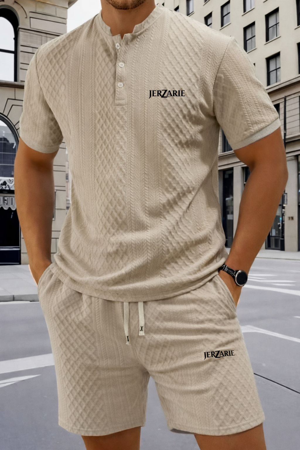 JerZarie Men's stylish 2pcs Soft Jacquard Outfit Set, regular fit in khaki with black classic logo