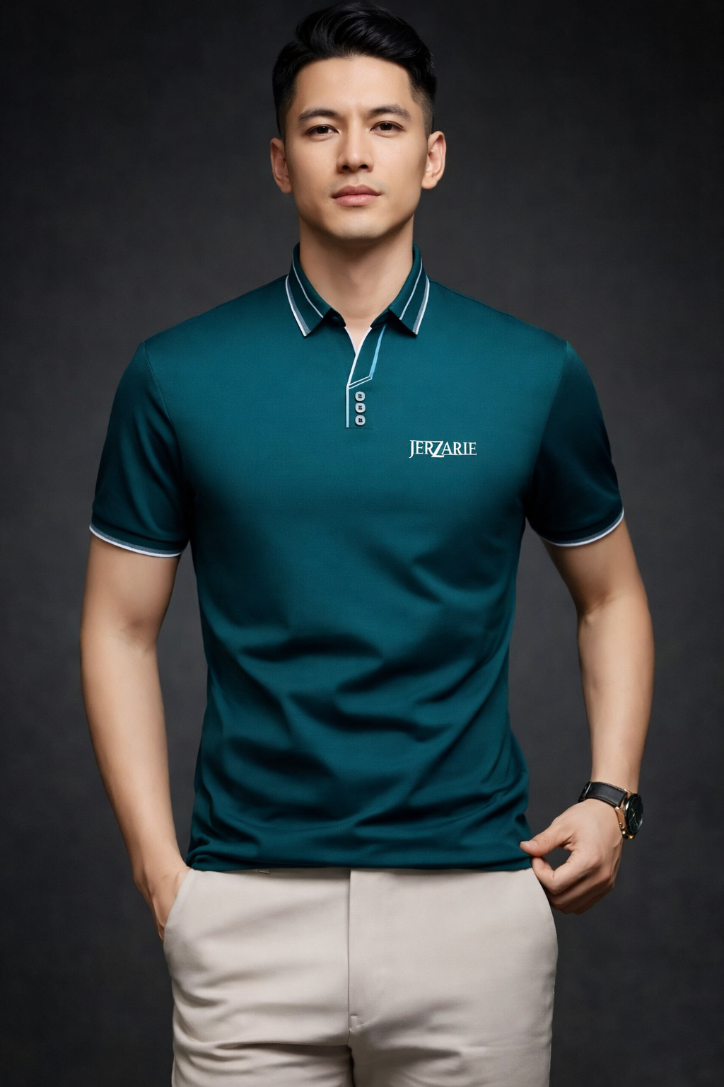 JerZarie Men's (breathable) stylish button front regular fit Polo Shirt in dark grey with white classic logo