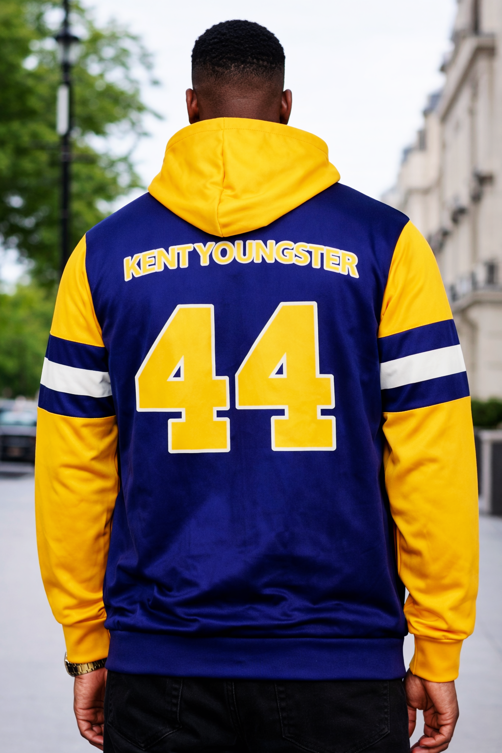 JerZarie Unisex Hooded Jersey in blue/Yellow with yellow starred logo