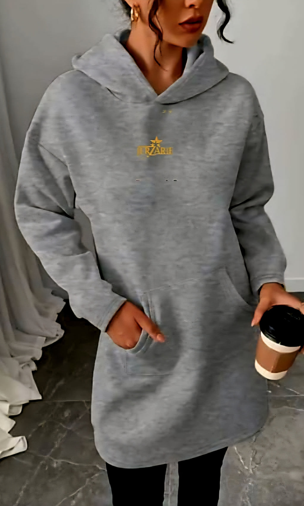 JerZarie Women's hoodie dress in Grey with gold starred logo