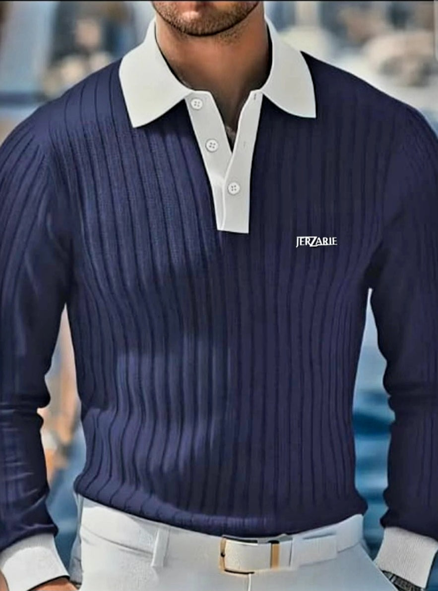JerZarie Men's long sleeve Polo Shirt in navy blue with white classic logo
