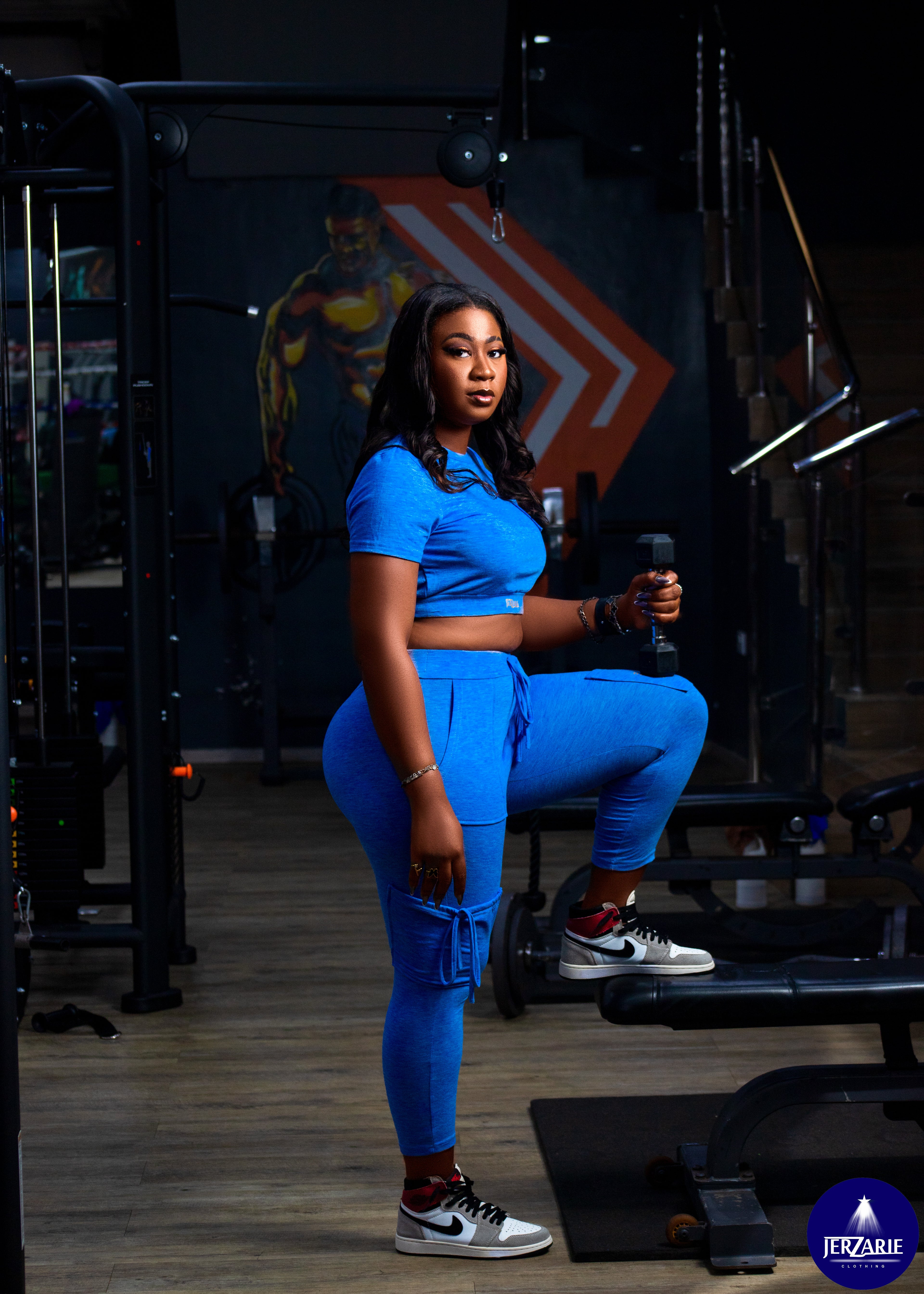 JerZarie Women's Solid Color Slim-Fit Top + Pants Set in Royal Blue with gold classic logo