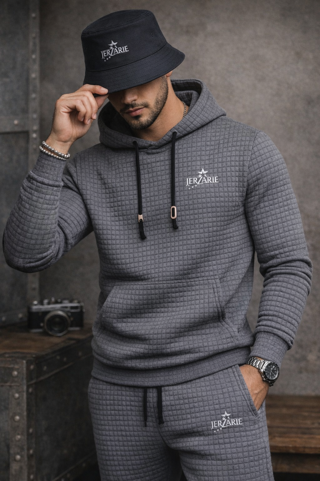 JerZarie Men's hoodie tracksuit in grey with white starred logo