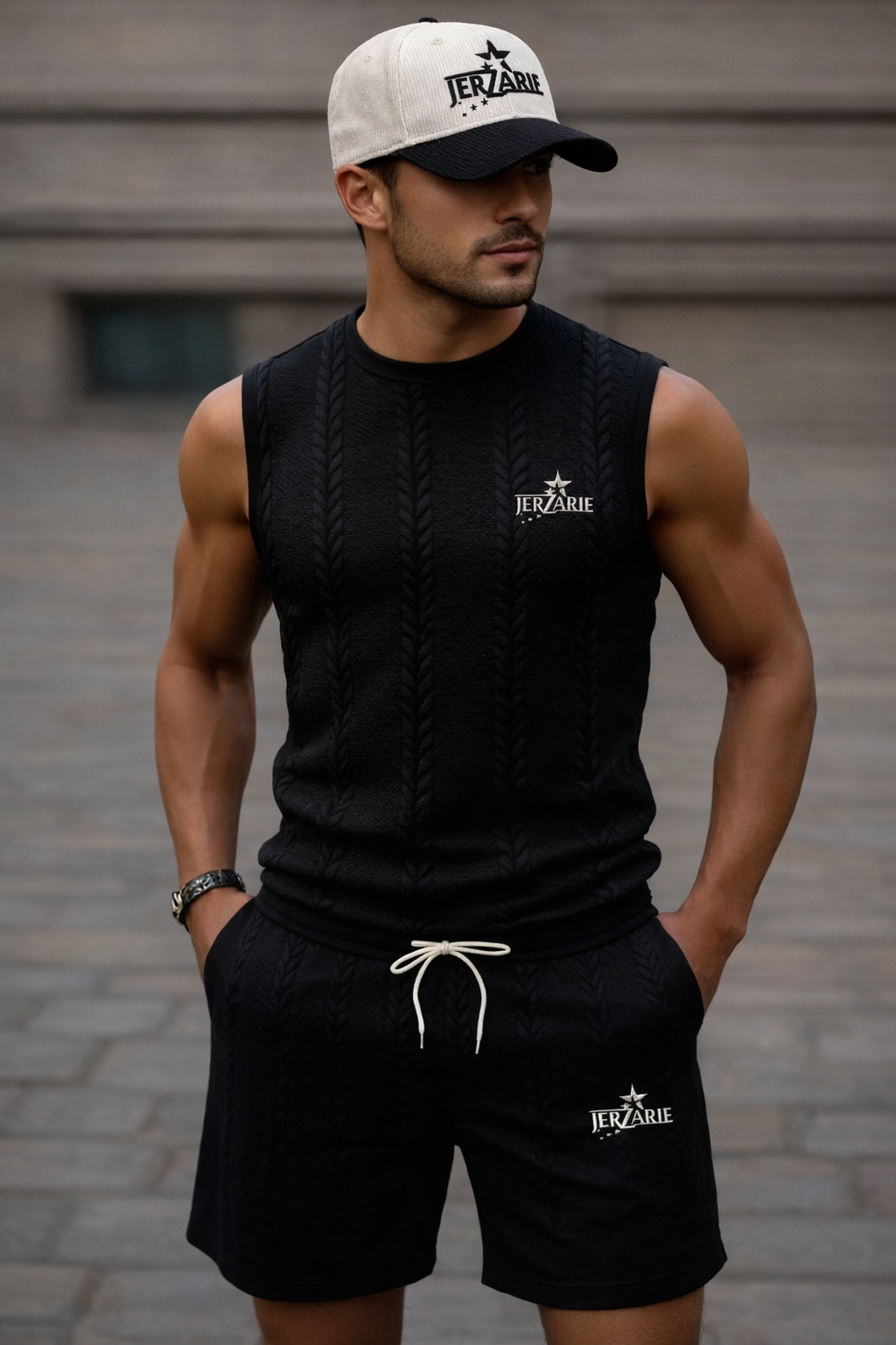 JerZarie Men's stylish 2 piece knit set, regular fit in Black with white starred logo