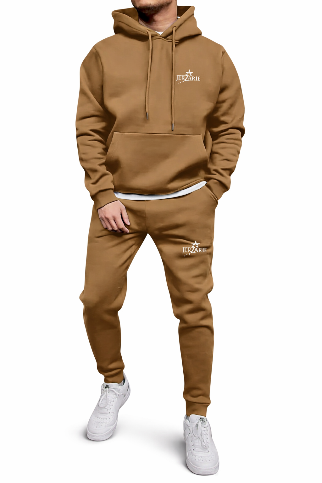 JerZarie Men's hoodie tracksuit in beige/khaki with white starred logo
