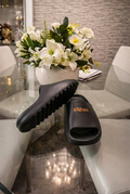 JerZarie Unisex Slide in Black with gold classic logo