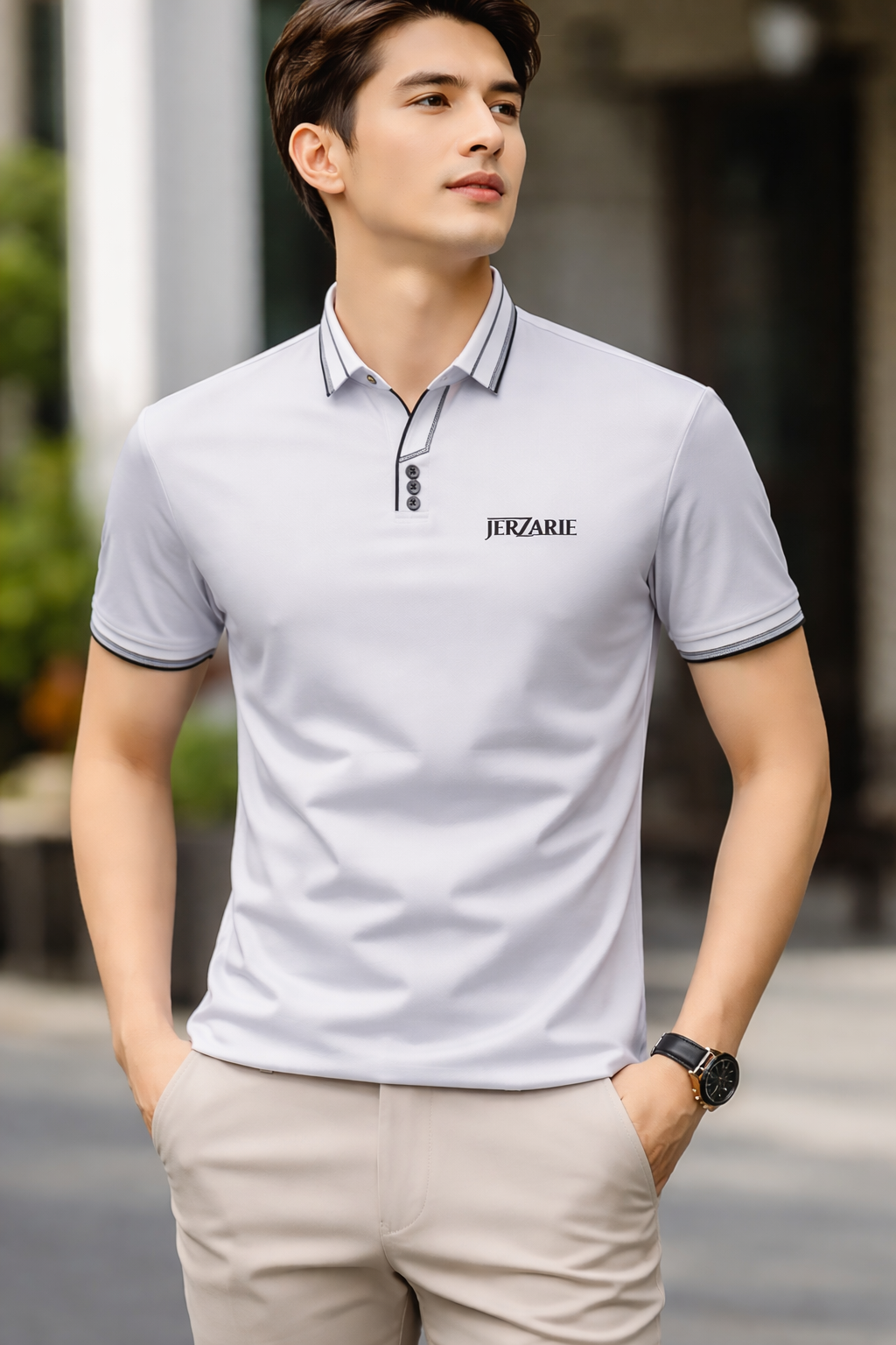 JerZarie Men's (breathable) stylish button front regular fit Polo Shirt in white with black classic logo