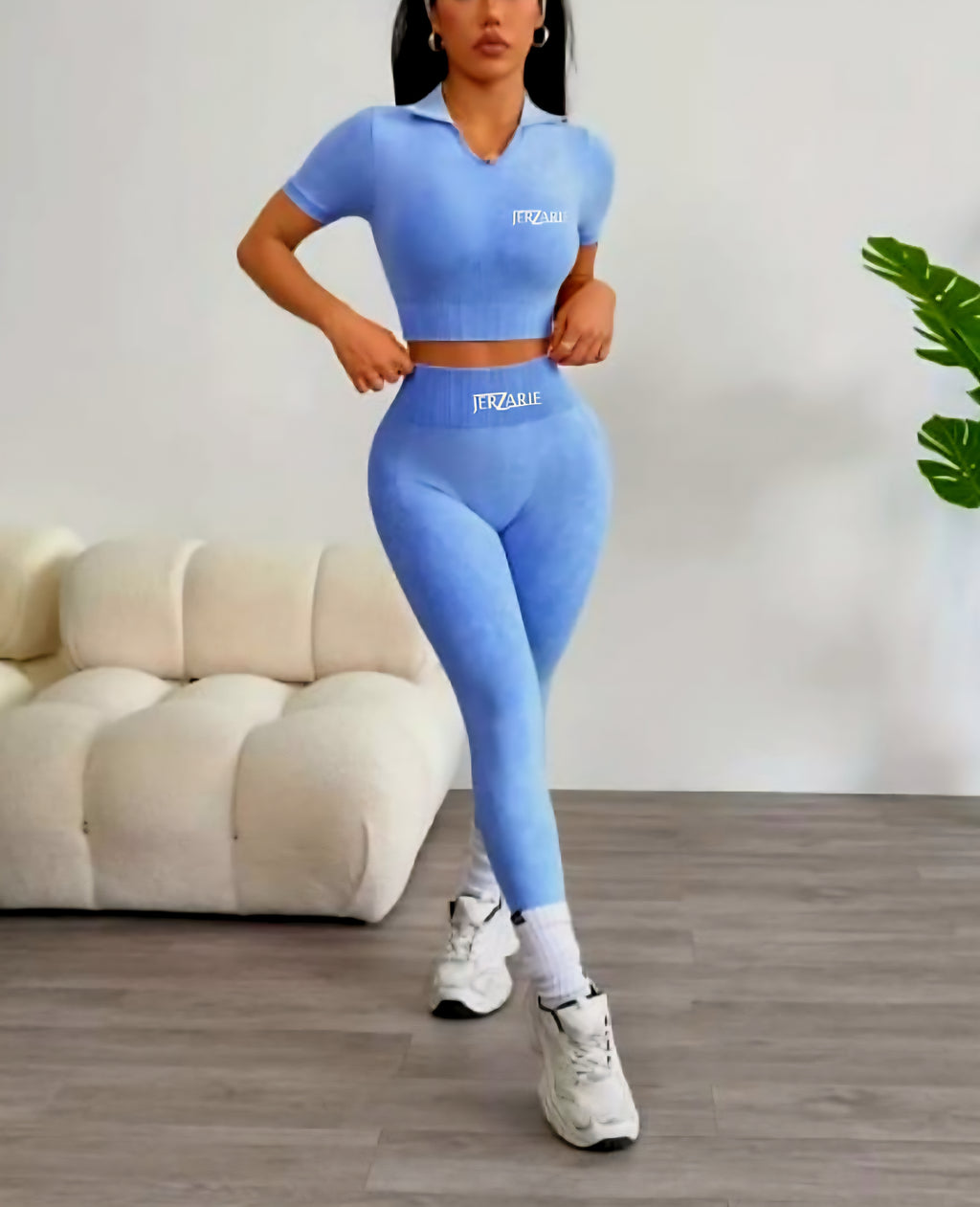 JerZarie Women's Gym Set in Sand washed blue with white classic logo