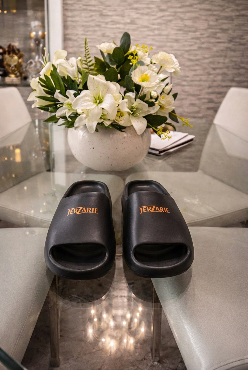 JerZarie Unisex Slide in Black with gold classic logo