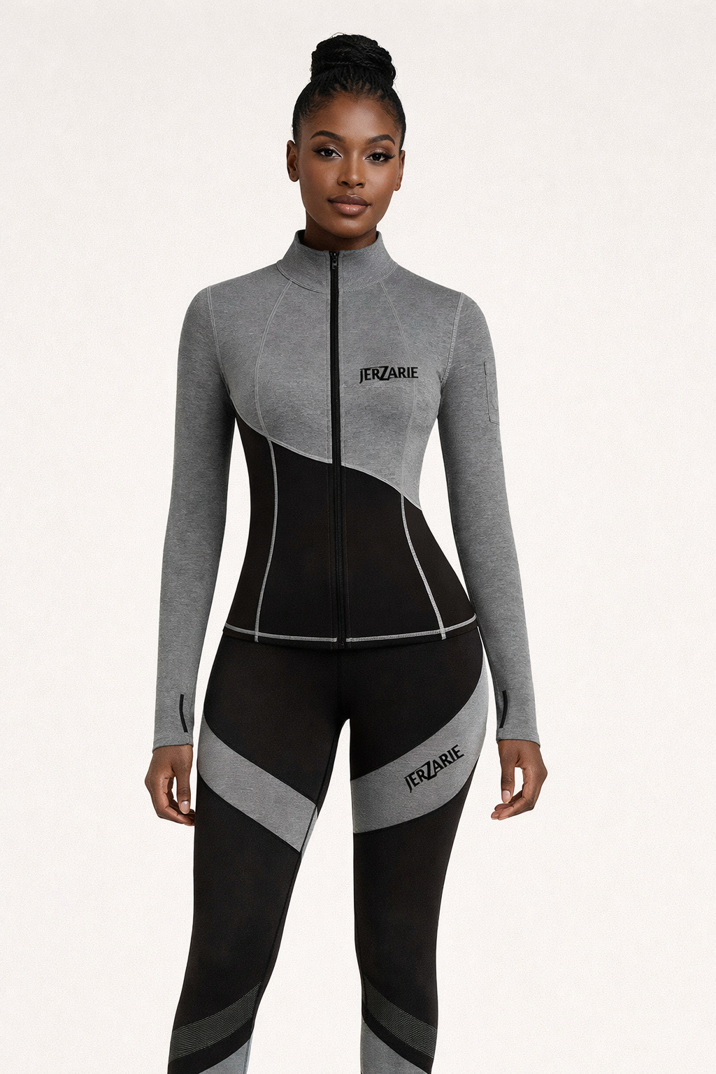 JerZarie Women's (breathable) Workout and Gym Set in grey blue with black classic logo