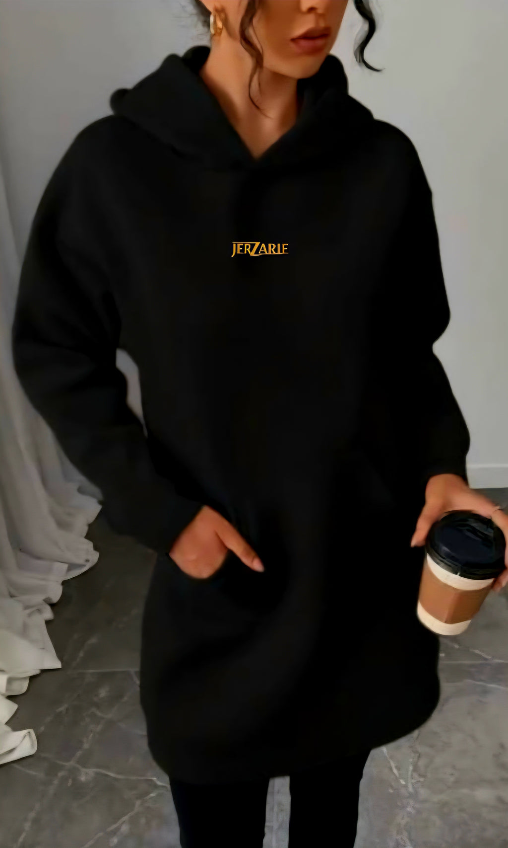 JerZarie Women's hoodie dress in Black with gold classic logo