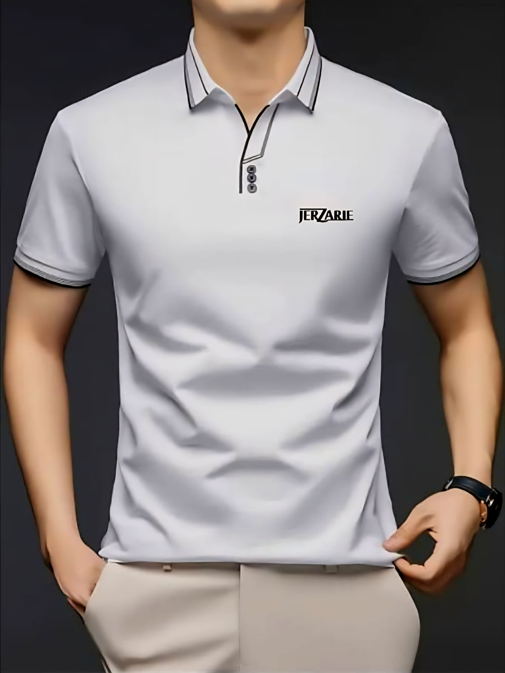 JerZarie Men's (breathable) stylish button front regular fit Polo Shirt in white with black classic logo