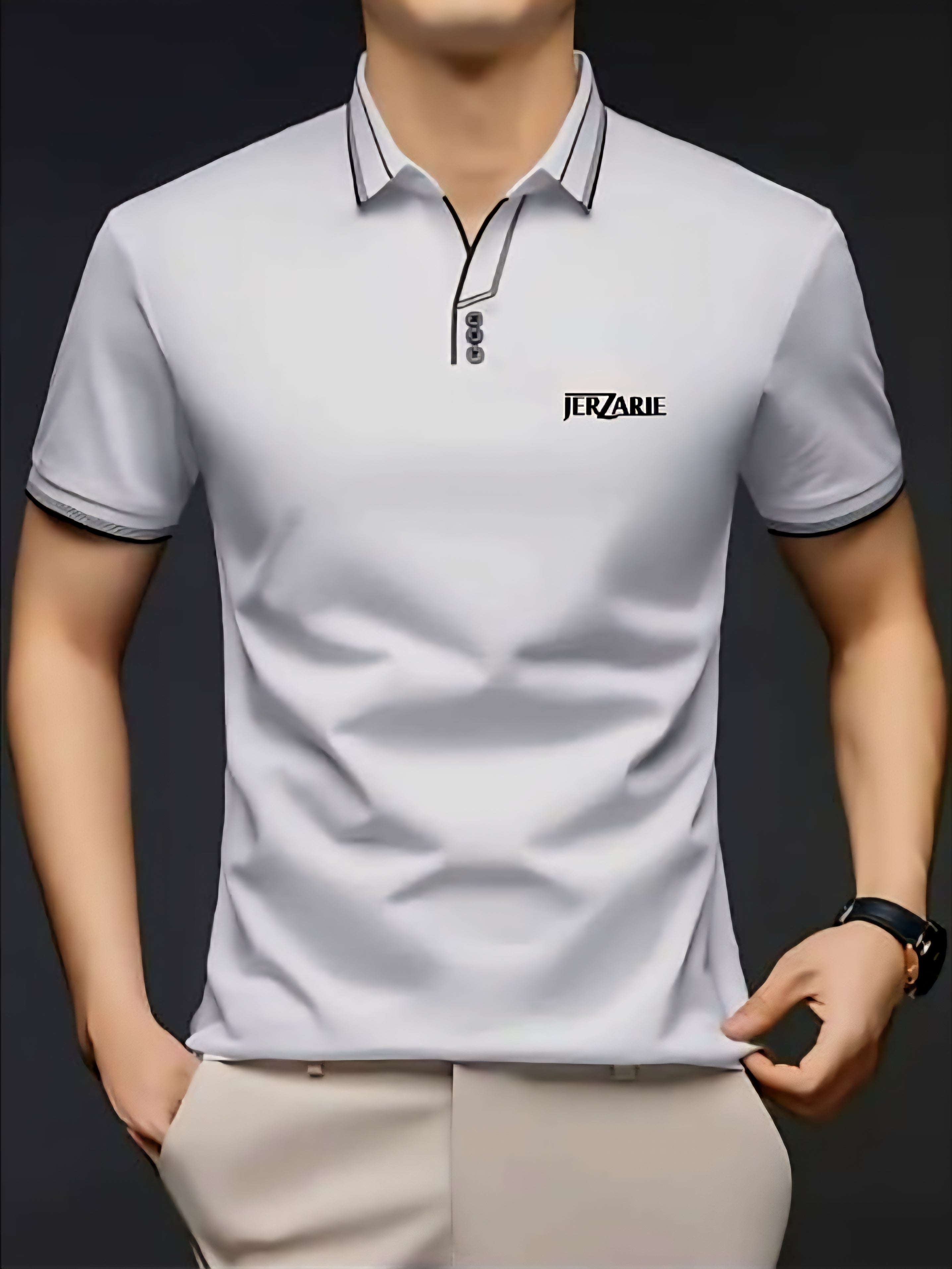 JerZarie Men's (breathable) stylish button front regular fit Polo Shirt in white with black classic logo