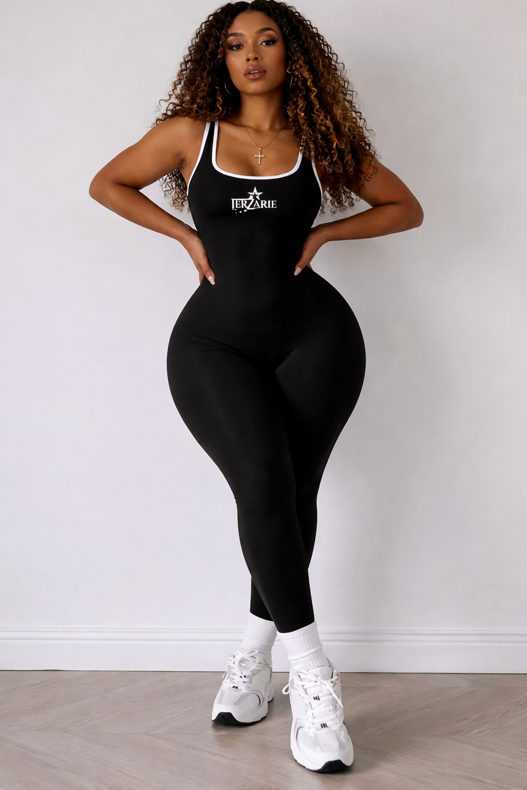 JerZarie Women's 1 piece jumpsuit in black with white starred logo