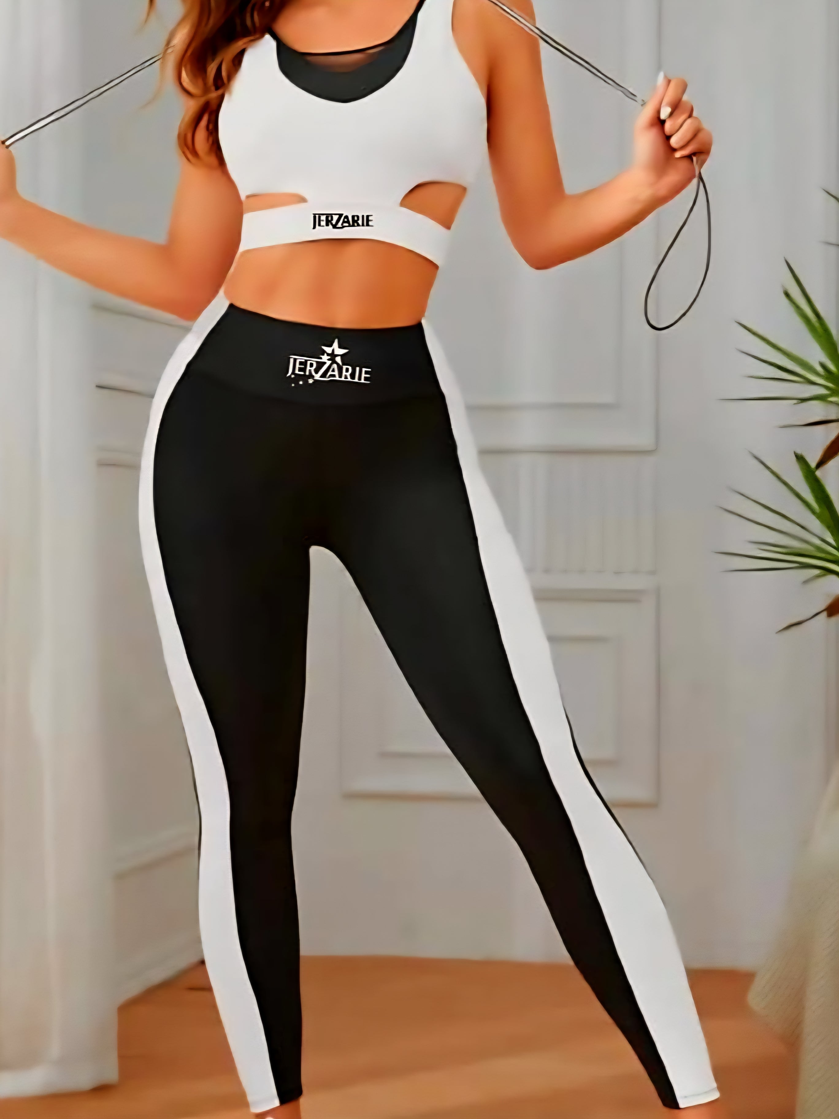 JerZarie Women's Gym Set in Black/white with black/white starred and classic logo