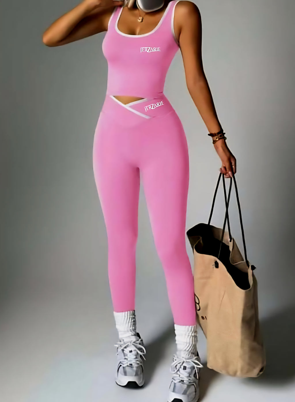 JerZarie Women's Gym Set in pink with white classic logo
