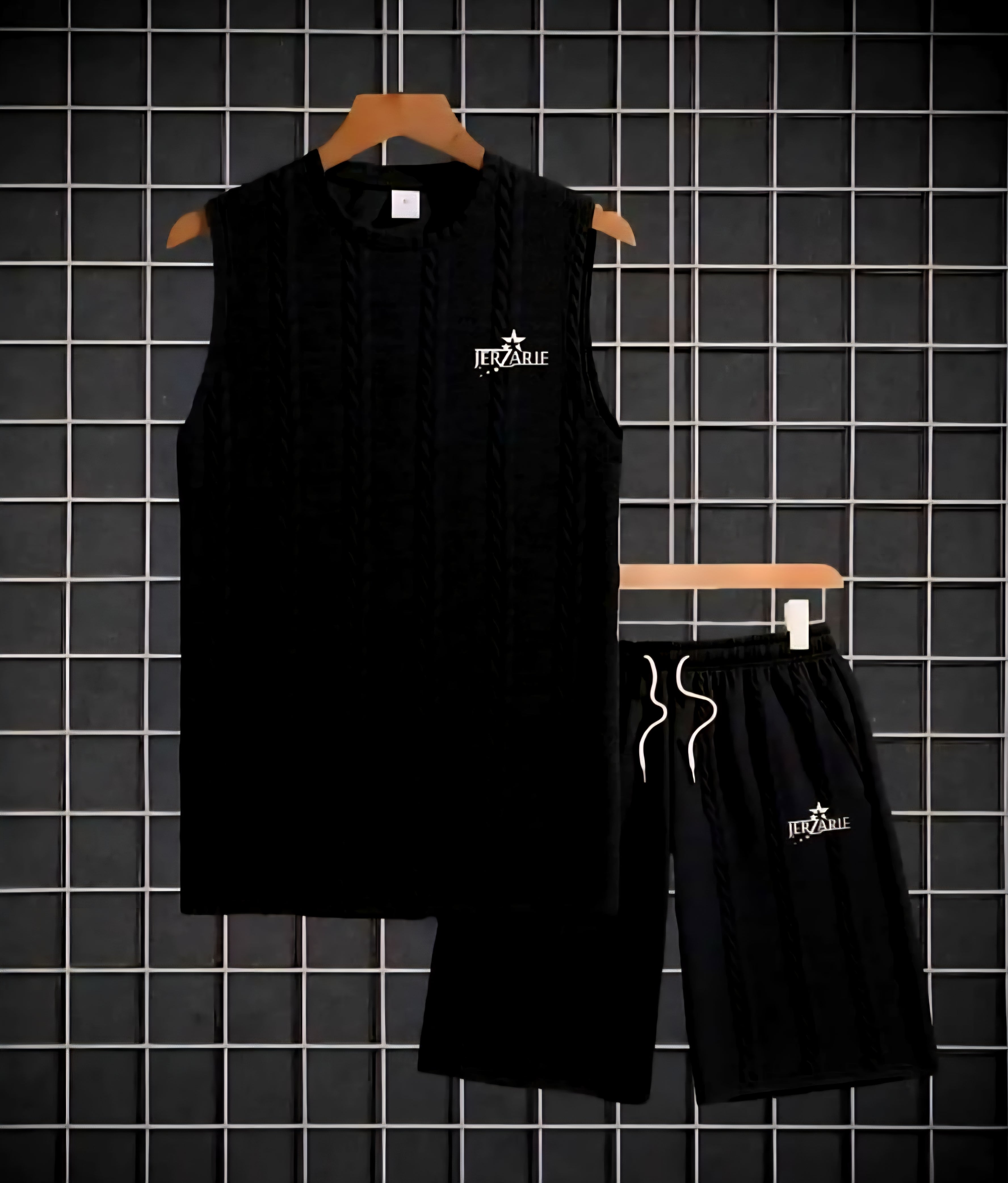 JerZarie Men's stylish 2 piece knit set, regular fit in Black with white starred logo