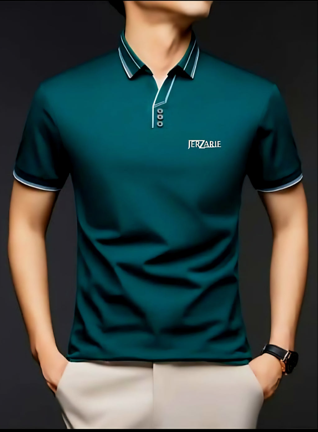 JerZarie Men's (breathable) stylish button front regular fit Polo Shirt in dark grey with white classic logo