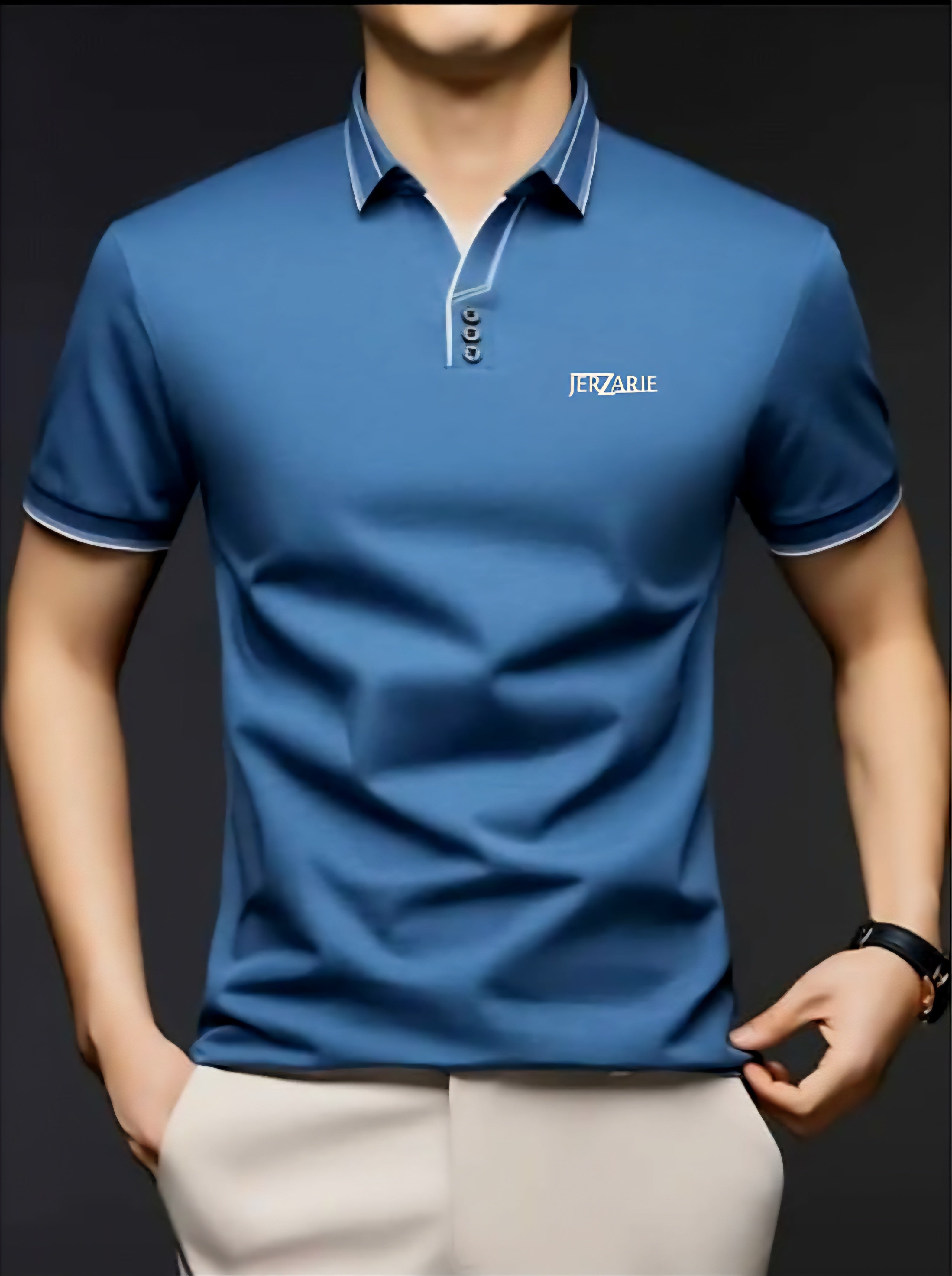 JerZarie Men's (breathable) stylish button front regular fit Polo Shirt in grey blue with white classic logo