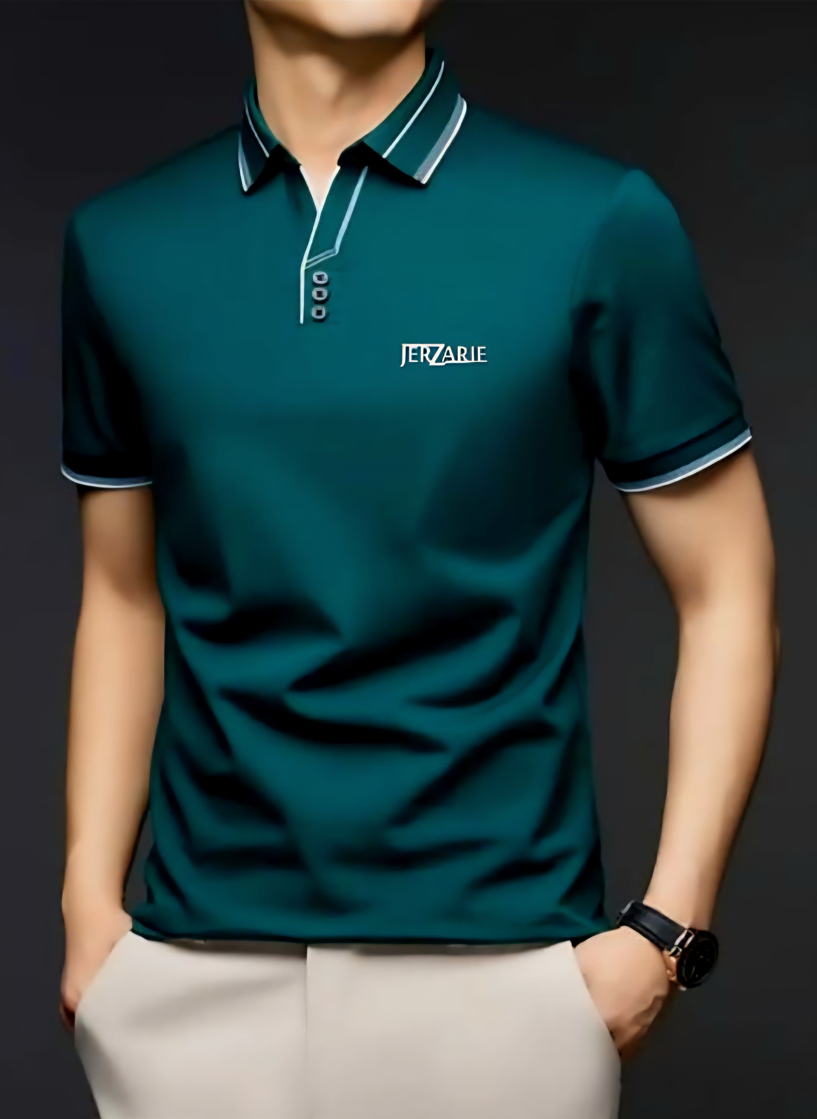 JerZarie Men's (breathable) stylish button front regular fit Polo Shirt in dark grey with white classic logo