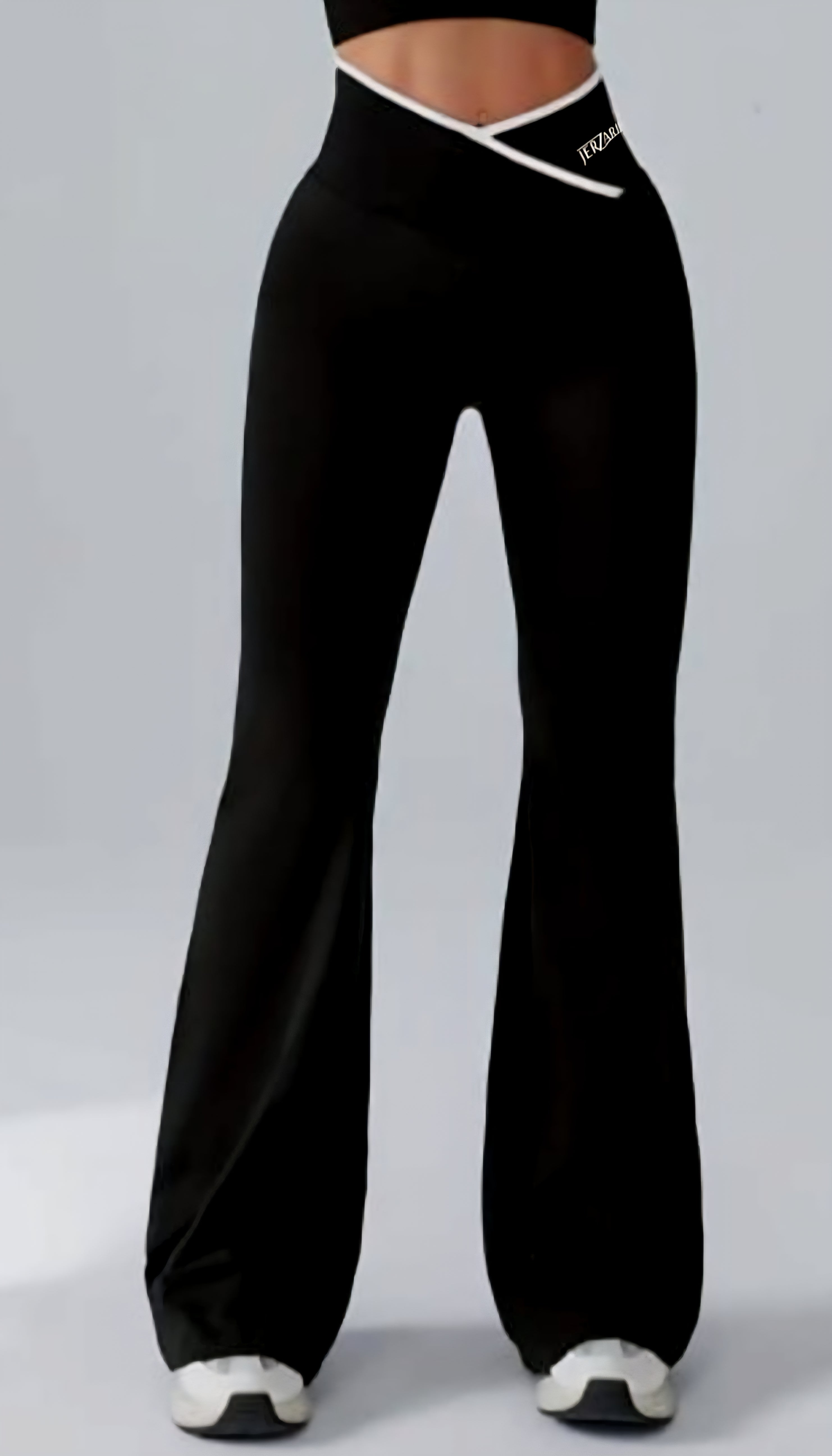JerZarie Women's stretchy high-waisted flare pants in black with white classic logo