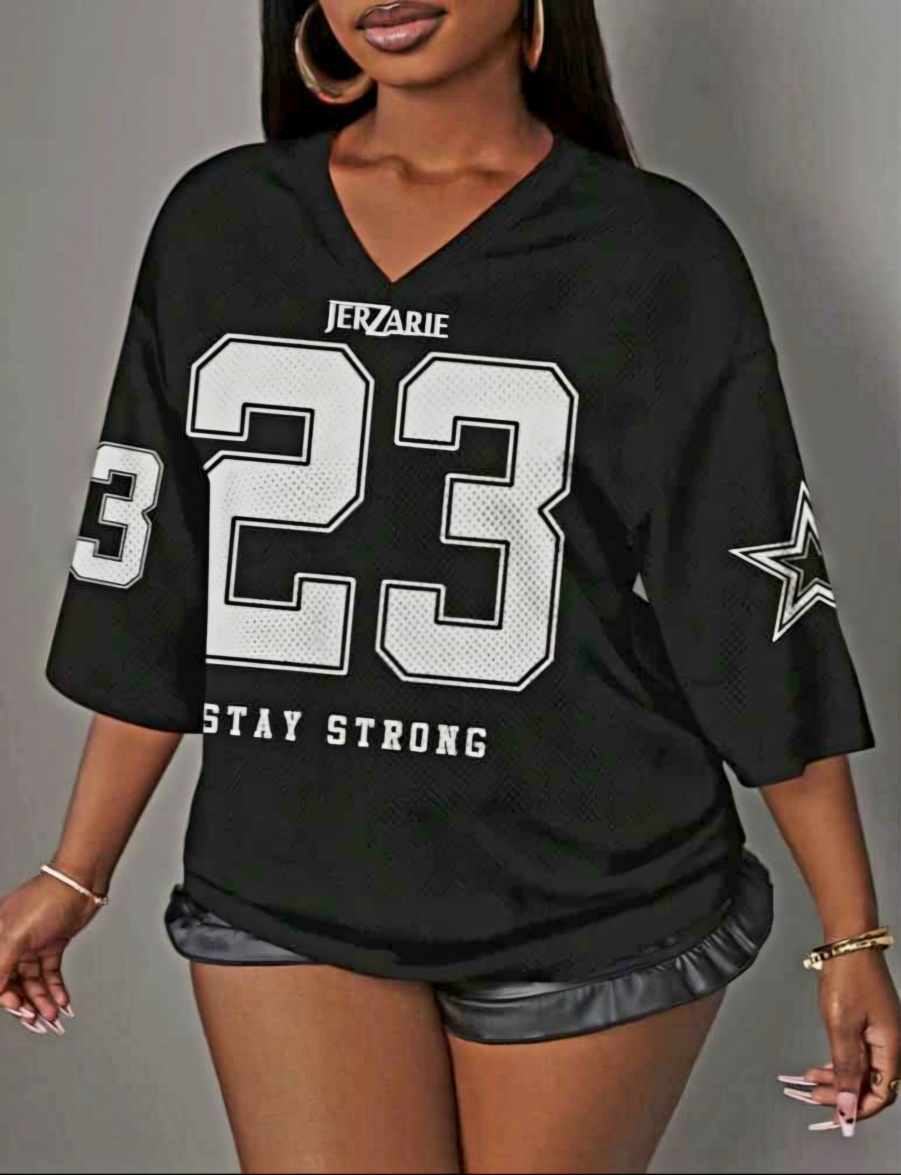 JerZarie Women's V neck baseball T-Shirt in Black with white classic logo