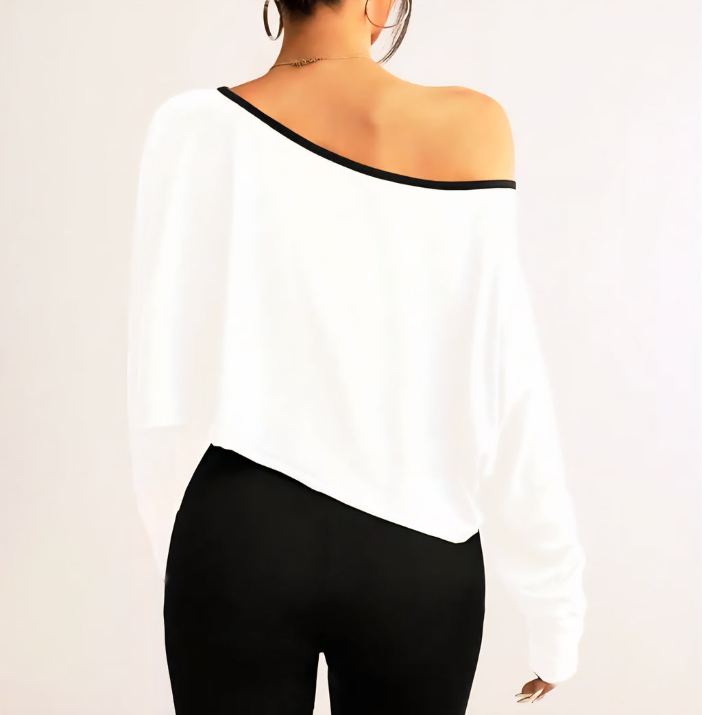JerZarie Women's off-shoulder T-Shirt in White with black classic logo