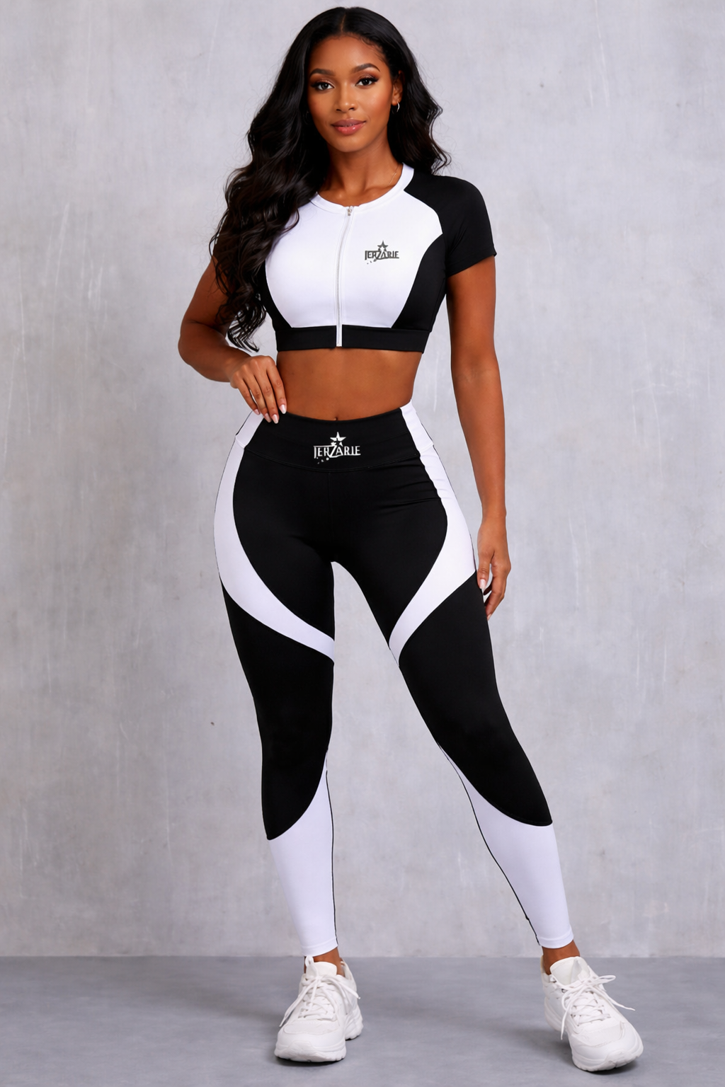 JerZarie Women's Gym Set in Black/white with black/white starred logo