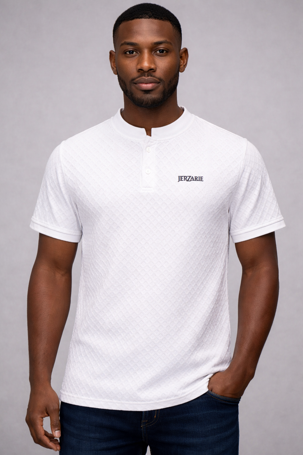 JerZarie Men's (Breathable) patterned slim fit T-Shirt in White with black classic logo