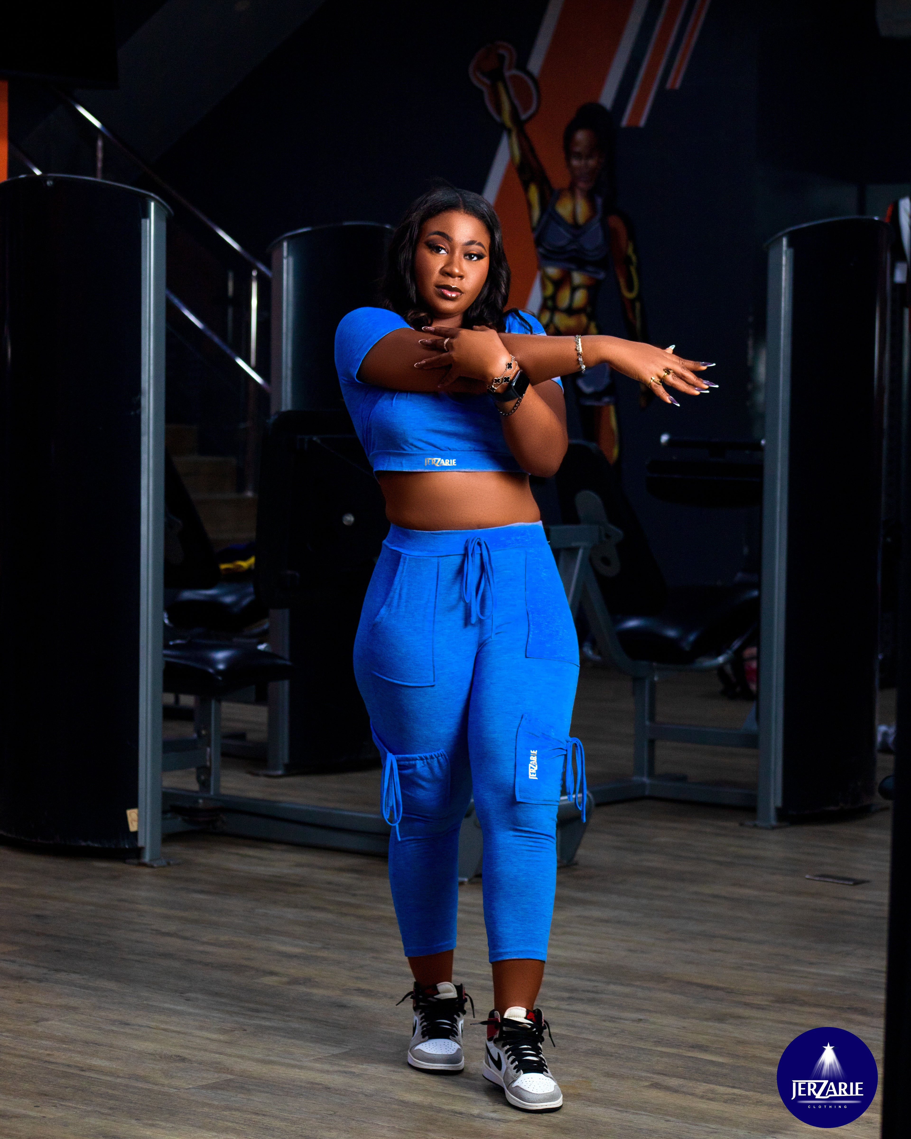 JerZarie Women's Solid Color Slim-Fit Top + Pants Set in Royal Blue with gold classic logo