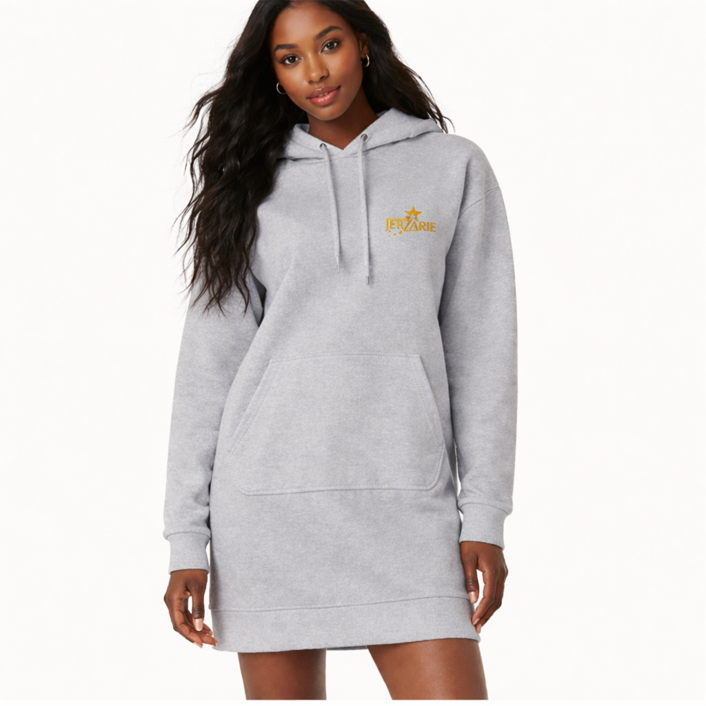 JerZarie Women's hoodie dress in Grey with gold starred logo