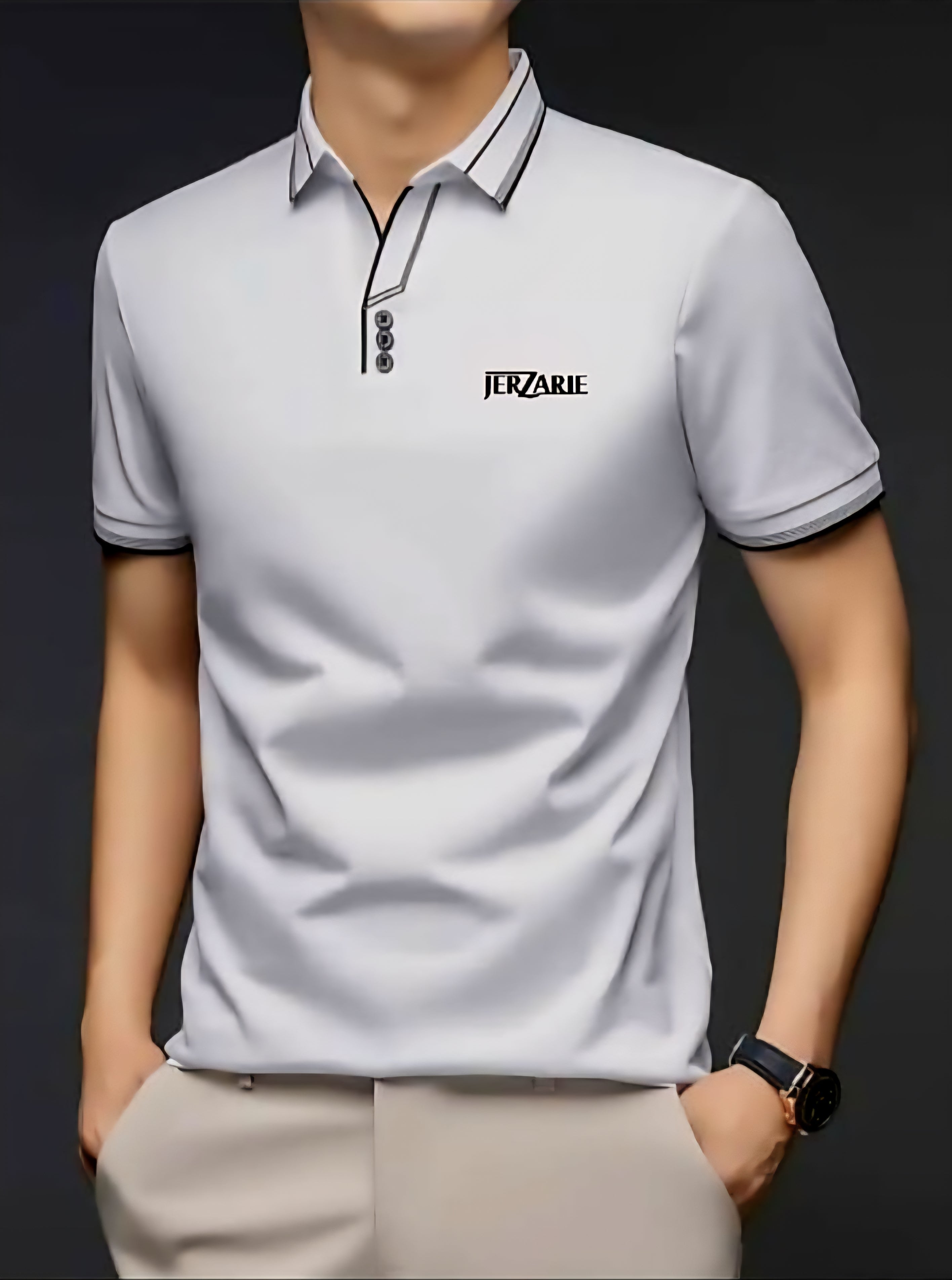 JerZarie Men's (breathable) stylish button front regular fit Polo Shirt in white with black classic logo
