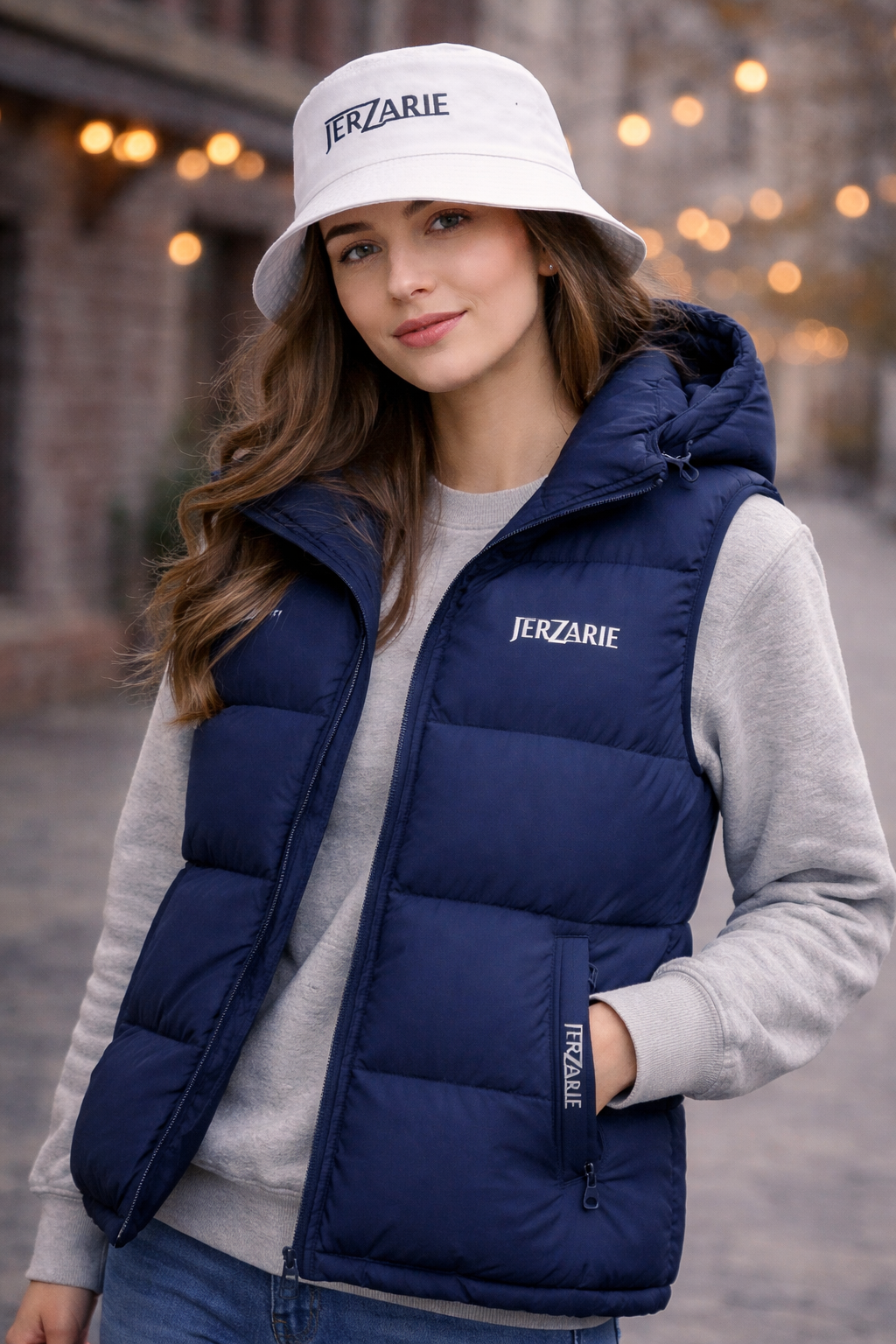 JerZarie Unisex heavyweight hoodie Gilet Jacket in blue with white classic logo