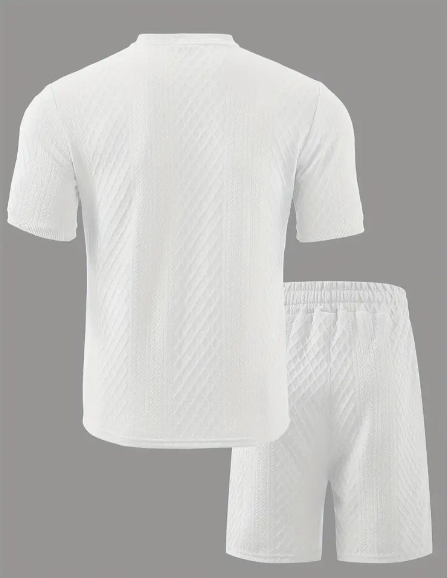 JerZarie Men's stylish 2pcs Soft Jacquard Outfit Set, regular fit in White with black classic logo
