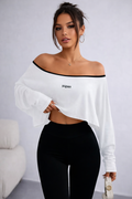 JerZarie Women's off-shoulder T-Shirt in White with black classic logo