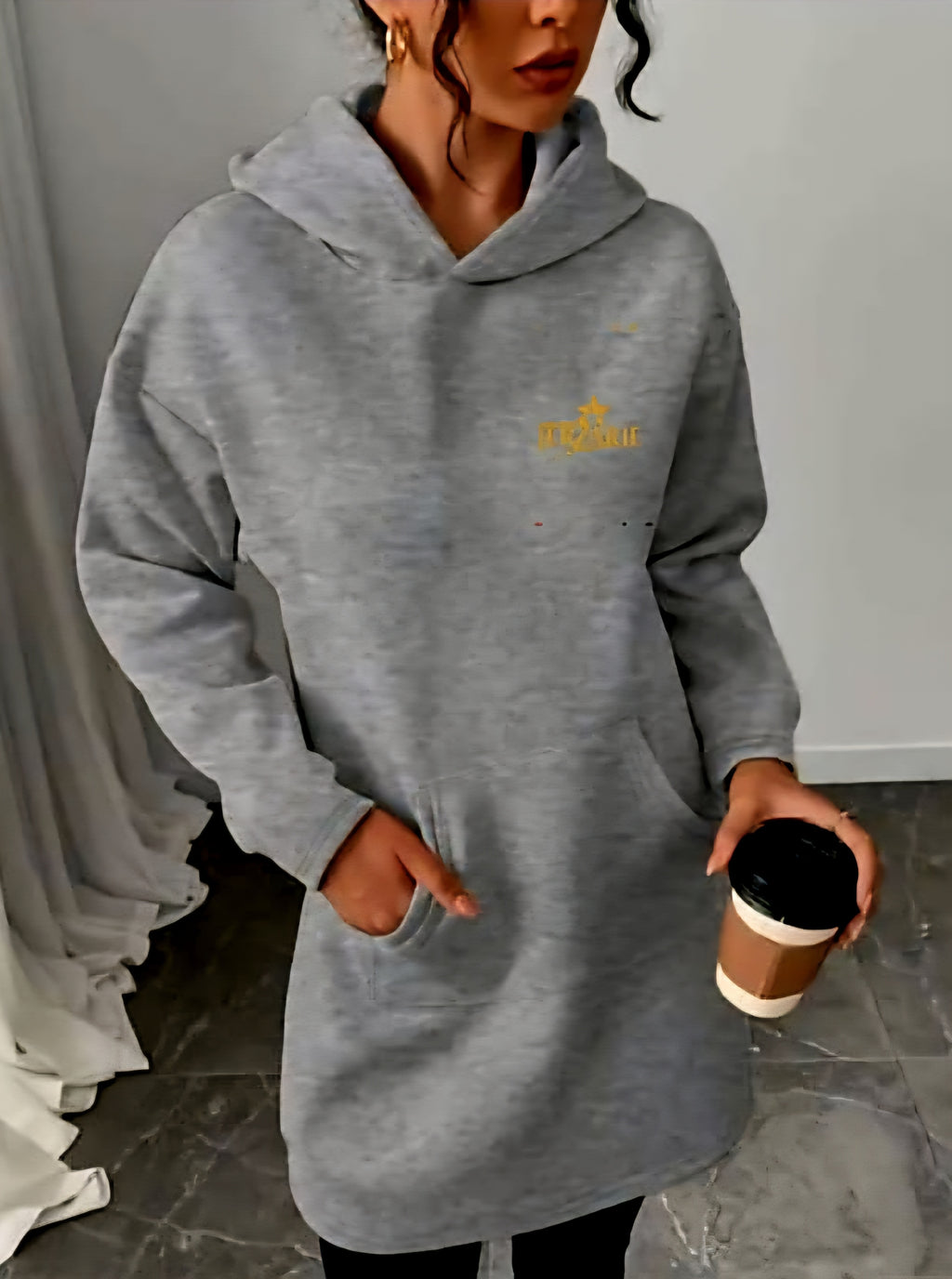 JerZarie Women's hoodie dress in Grey with gold starred logo