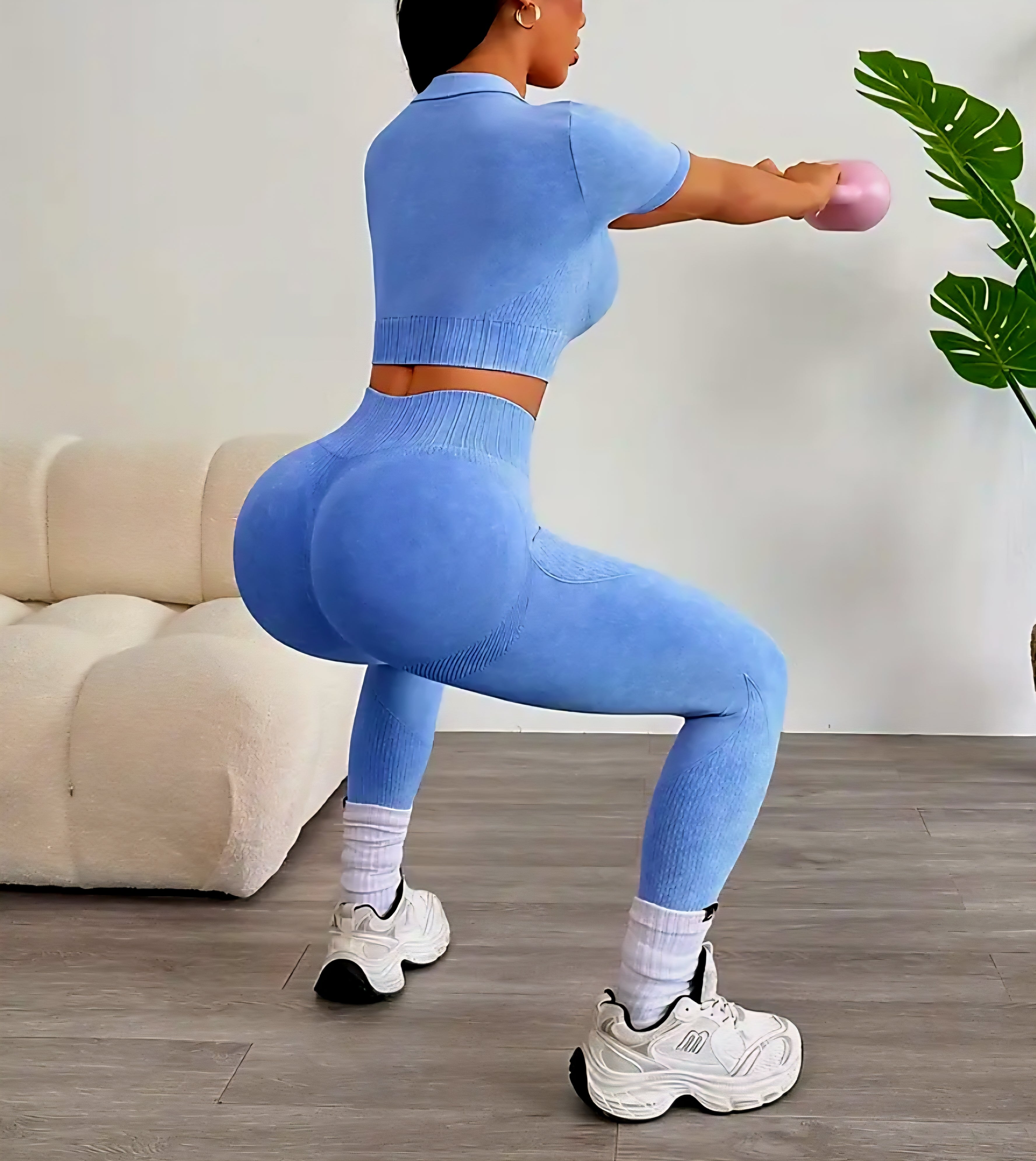 JerZarie Women's Gym Set in Sand washed blue with white classic logo