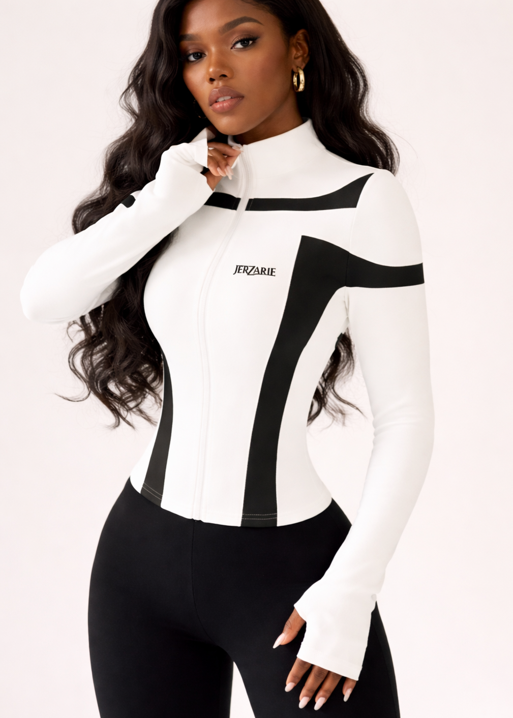 JerZarie Women's (breathable) Athletic Jacket in White with black classic logo