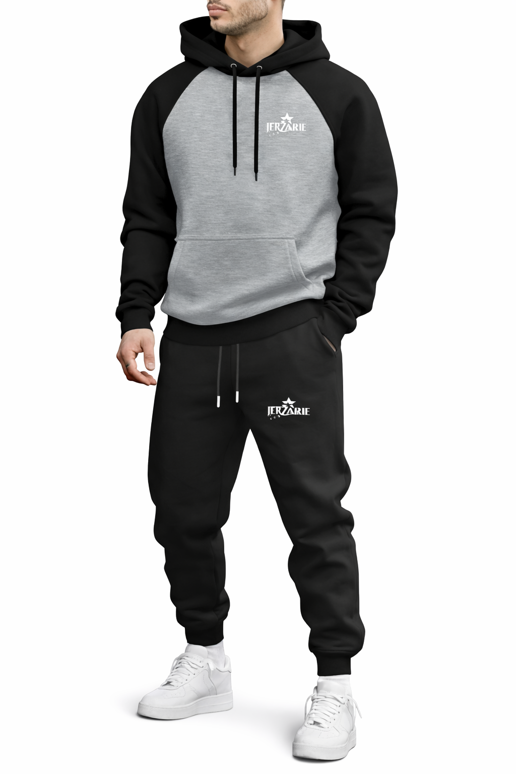 JerZarie Men's hoodie tracksuit in black/grey with white starred logo