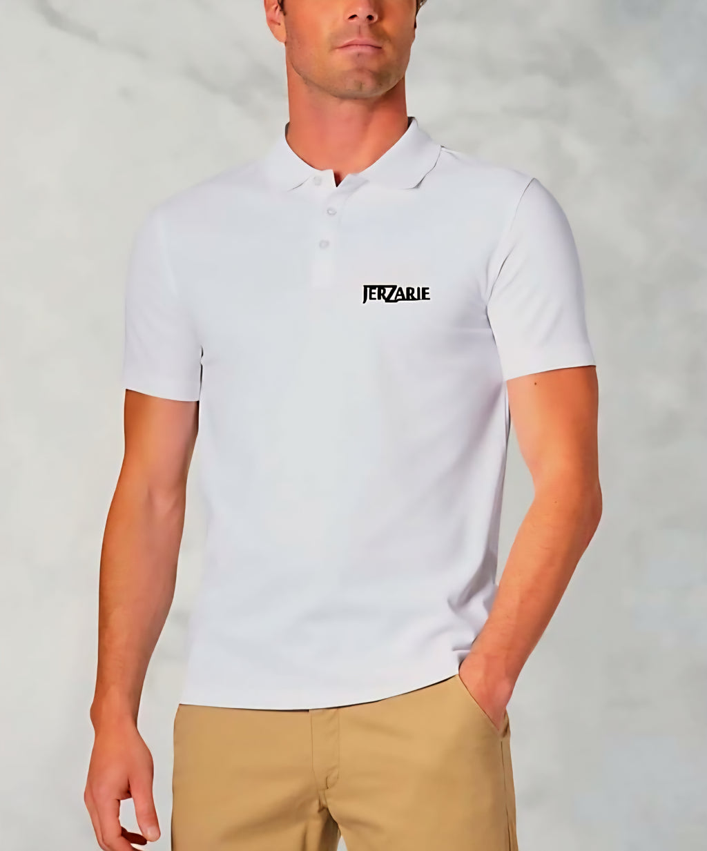 JerZarie Unisex regular fit Polo Shirt in white with black classic logo
