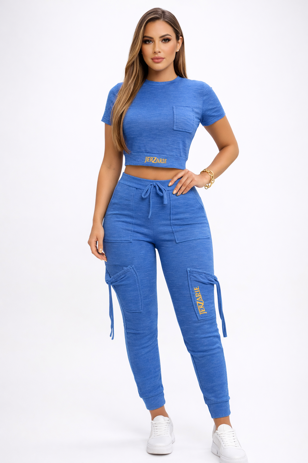 JerZarie Women's Solid Color Slim-Fit Top + Pants Set in Royal Blue with gold classic logo