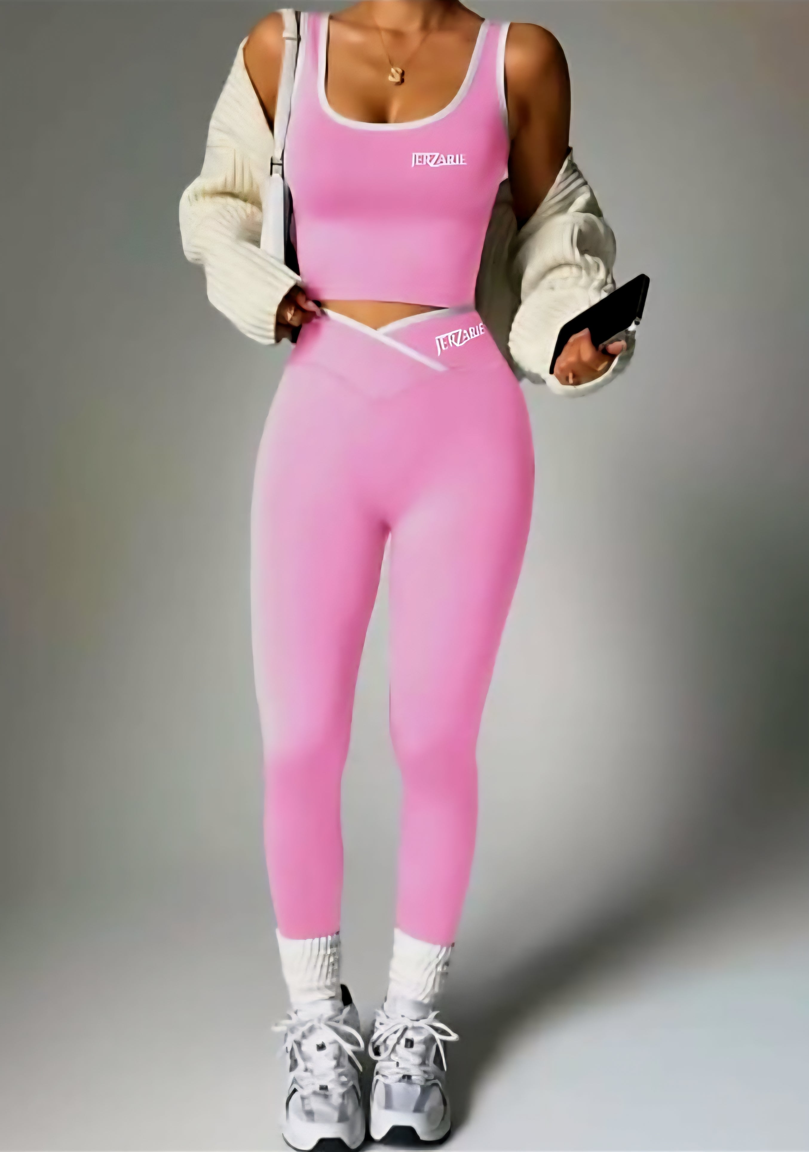 JerZarie Women's Gym Set in pink with white classic logo