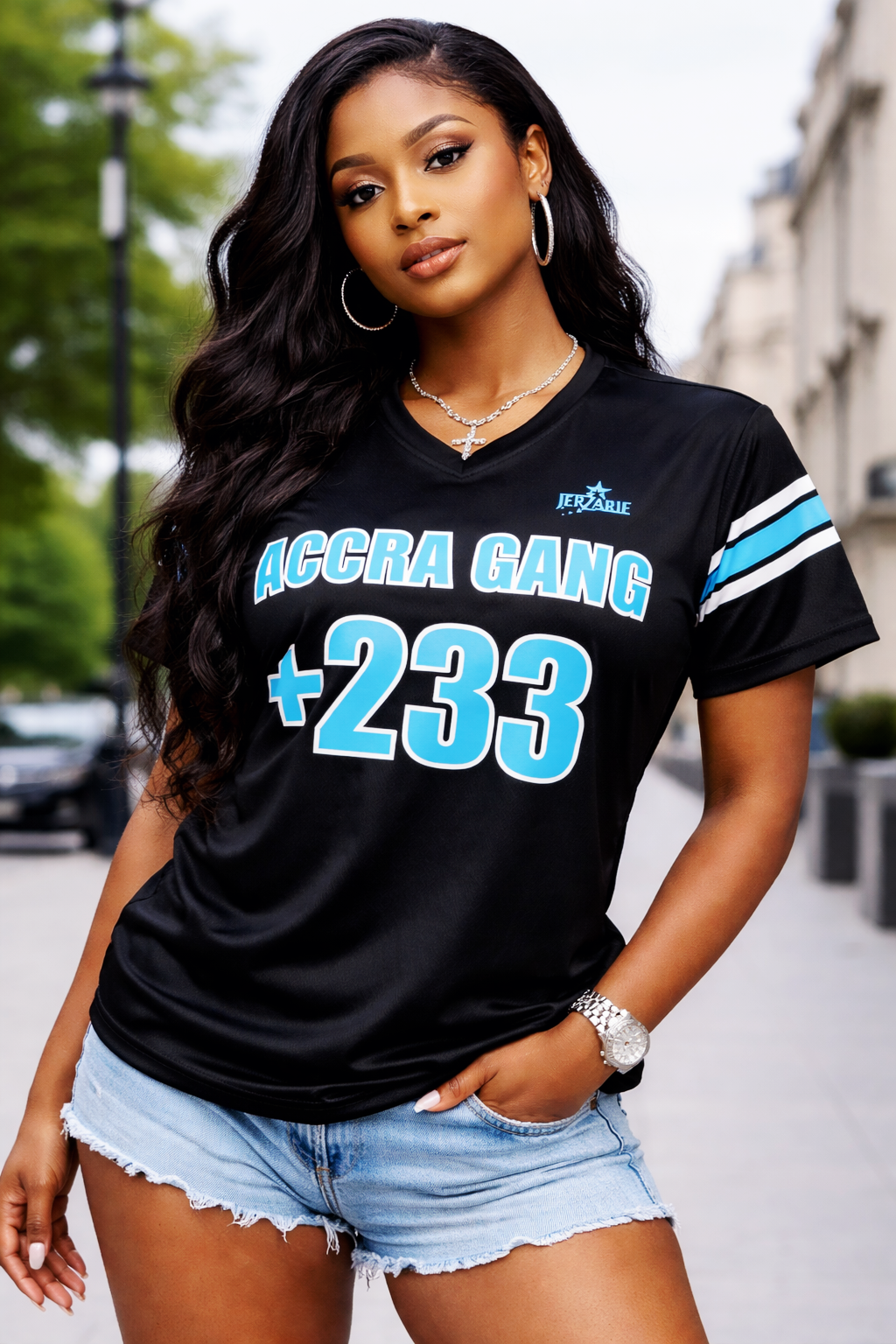 JerZarie Unisex Baseball Jersey in Black with blue starred logo
