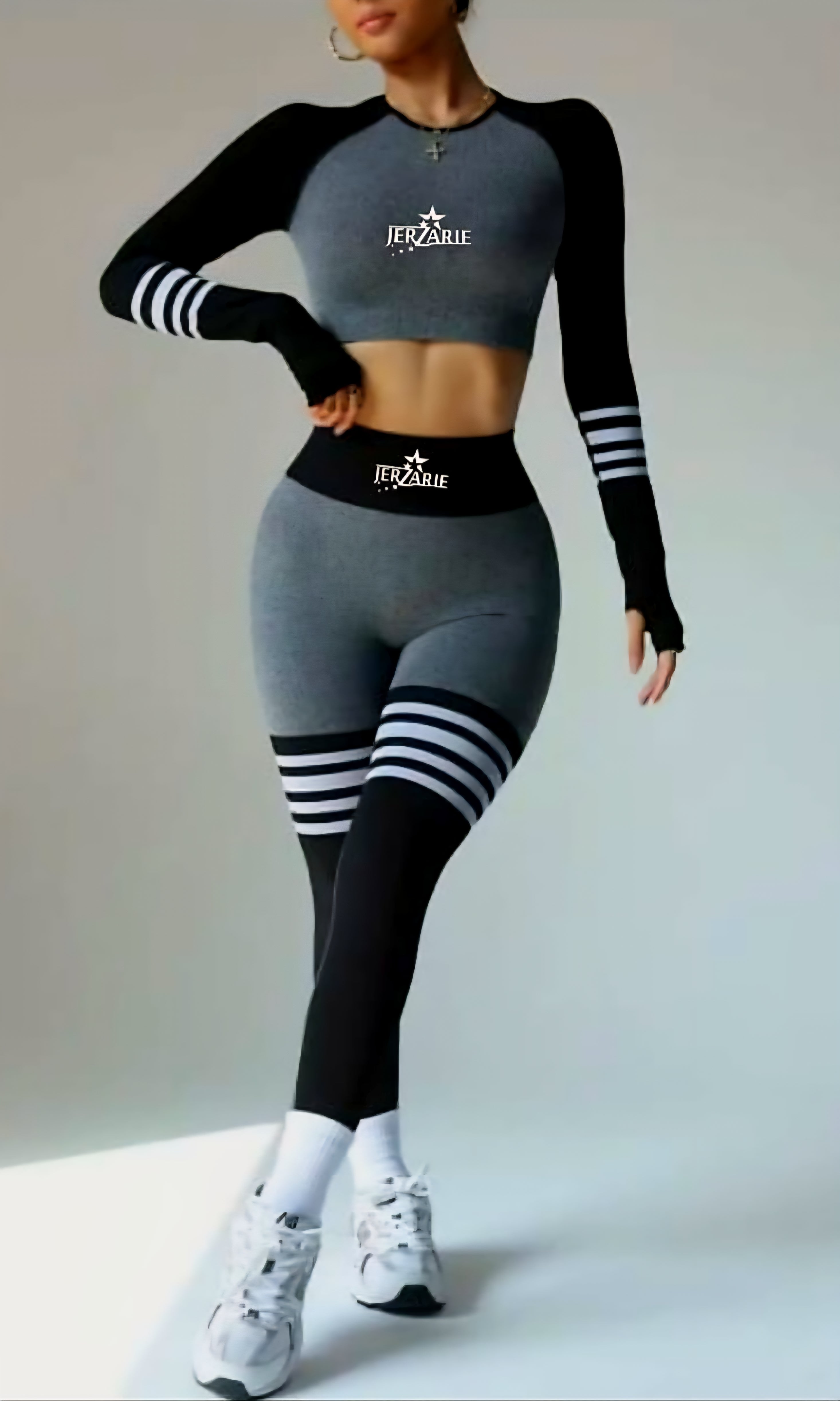 JerZarie Women's Gym Set in Hemp and black with white starred logo