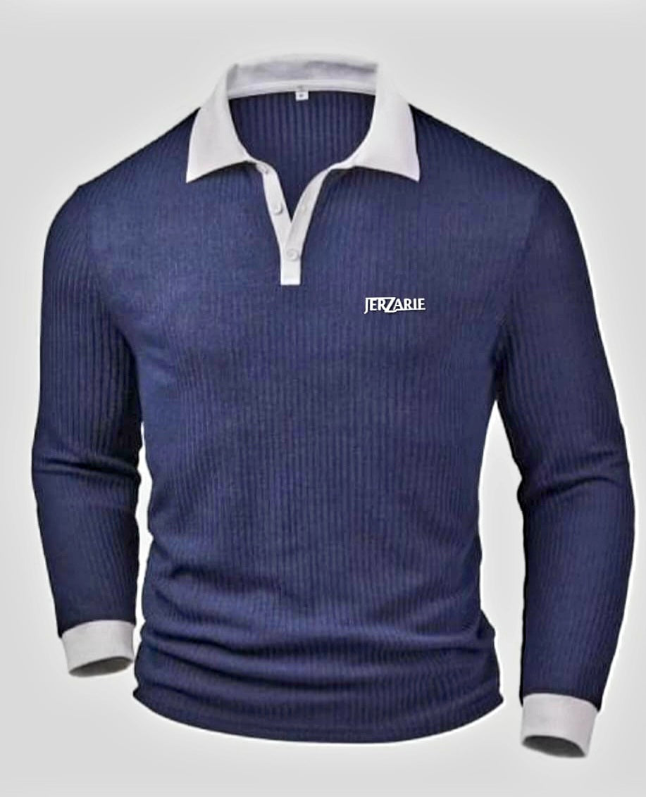 JerZarie Men's long sleeve Polo Shirt in navy blue with white classic logo